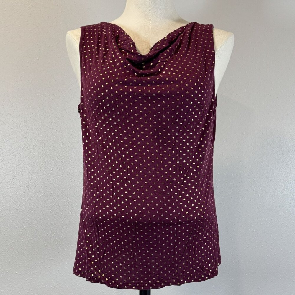 Cable & Gauge Burgundy Sleeveless Cowl Neck Top Gold Polka Dots Womens Size L